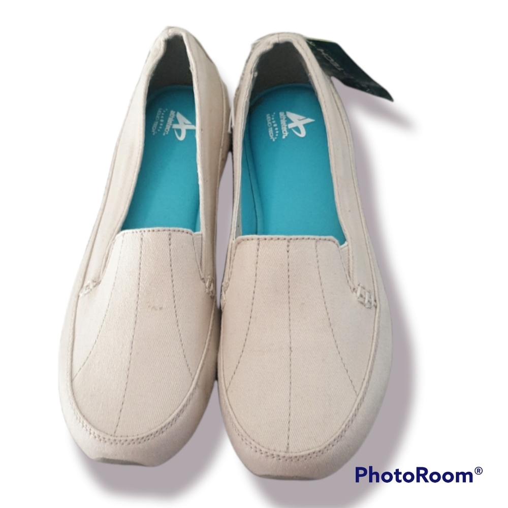 Athletech markel tan slip on flats with Memotech memory foam insoles